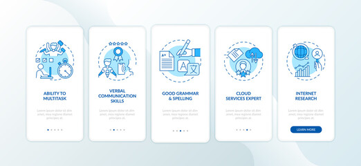 Virtual assistant skills blue onboarding mobile app page screen with concepts. Multitasking employee walkthrough 5 steps graphic instructions. UI vector template with RGB color illustrations
