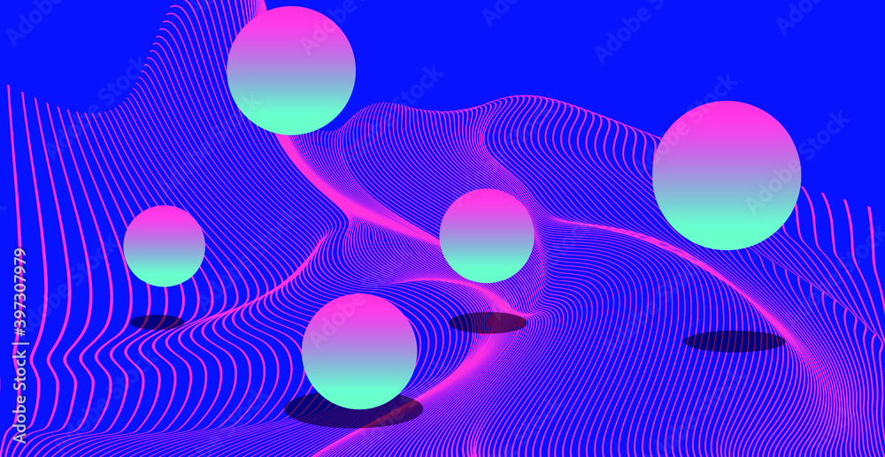 Poster abstract surreal background with floating neon spheres. brigth colorful illustration.