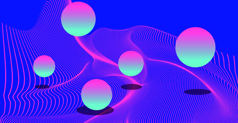 Abstract surreal background with floating neon spheres. Brigth colorful illustration.