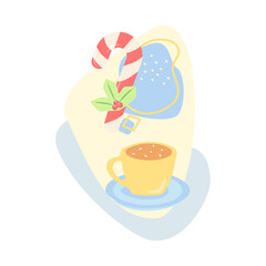 Festive Christmas treats flat vector concept illustration with abstract shapes. Winter season sweets. Holiday desserts. Hot drink. Stipe candy with holly. Wintertime 2D organic cartoon elements