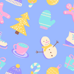 Christmas seasonal greeting abstract seamless pattern. Winter season. Geometric flat vector shapes. Wintertime texture with cartoon color icons. Decorative boho design with graphic elements