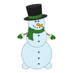Snowman vector illustration on white background. Snowman with hands and top hat. New year, merry christmas. Vector illustration for print, gifts, wrapping paper, postcards.