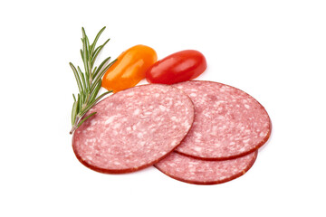 Sliced salami smoked sausage, isolated on white background