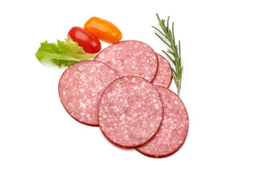 Sliced salami smoked sausage, isolated on white background