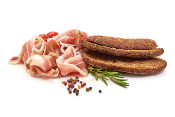 Sliced pork bacon, isolated on white background