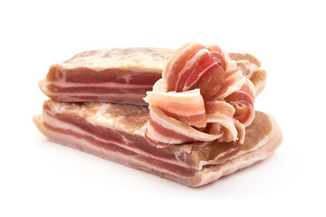 Sliced pork bacon, isolated on white background
