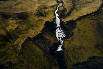 Aerial View Of Dual Cascading Waterfall In Iceland