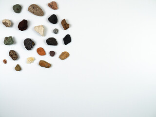 Minerals composition. Minerals on white background. Flat lay, top view