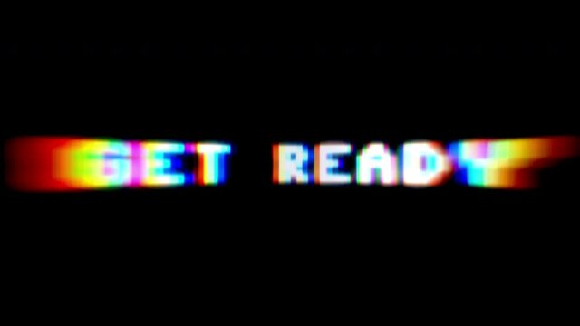 Intentional glitch distortion fx: a videogame screen, with the text message Get Ready (8-bit retro style), subjected to violent forces shaking it.
