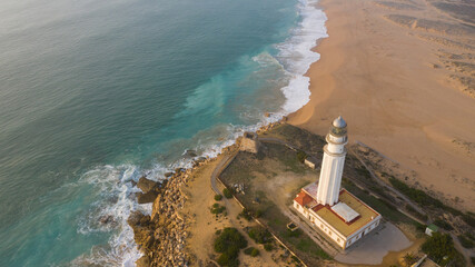 Drone views of the Trafalgar Lighthouse on the Costa de la Luz in Caños de Meca, Cadiz Andalucia,...