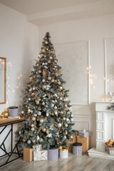Christmas interior, Christmas tree, new year, gifts, toys on the tree