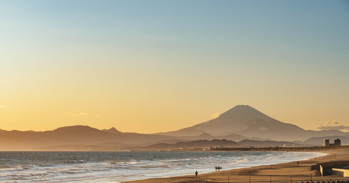Beautiful Shoreline and Silhouette of Mt. Fuji at Sunset time