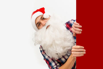 Santa Claus holding a pizza box on white background