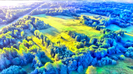 Fototapeta na wymiar Drone flight over the beautiful land with fields and forests colorful painting looks like picture.
