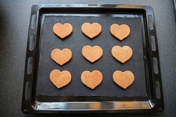 Gingerbread cookies on a black baking sheet ready to bake