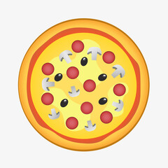 Pizza icon. Pizza illustration, pictogram, label, emblem. Food banner, poster, background, backdrop, template. Menu icon. Meat vector image. Pizza logo. Cafe, restaurant, delivery template. Snack.