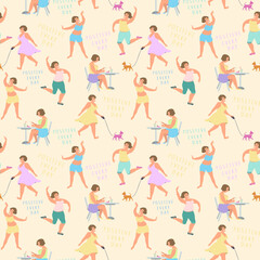 Positive women play sports, lead an active lifestyle and enjoy. Seamless pattern.