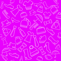 Accessories for lovely ladies. Seamless pattern with images of everyday things of bags, shoes, hats, lipsticks, ties.