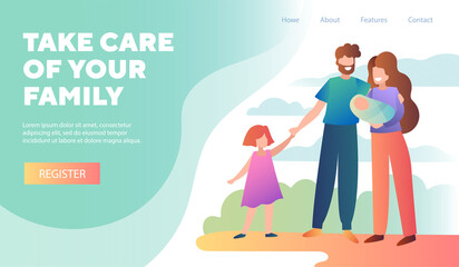 Take care of family. Young family with newborn baby. Happy family, relationship concept. Cartoon vector illustration. Website, web page, landing page template