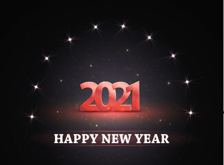 Happy new year 2021! Background with numbers and glowing stars from spotlights. Light and stage for your design.