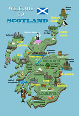 Cartoon map of Scotland. Icons with Scottish landmarks, famous cultural sites, whiskey. Highland dancer and bagpiper. Castles, National Park, Loch Ness and more.