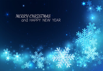 Happy New Year and Merry Christmas! Background for congratulations with sparkling snowflakes on a blue background. Glow and glitter with a spiral pattern.