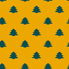 Seamless pattern with green christmas trees on a yellow background. Isometric concept. New Year and Christmas background