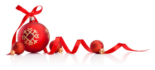 Red Christmas decoration baubles with ribbon bow isolated on white background