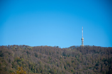 Zagreb, Croatia - October 19, 2014: Tall transmitter tower on the mountain of Sljeme in Zagreb,...