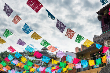 Prayer flags hanging over town streets