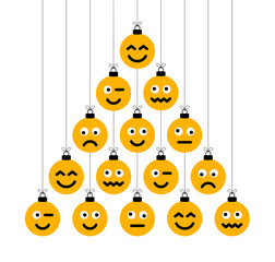 Christmas and new year greeting flat cartoon card. Creative Xmas tree made face emoji bauble balls on white background for Christmas and New Year celebration