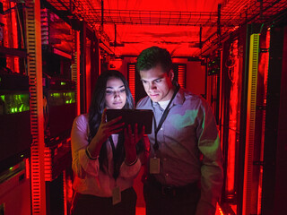 Technicians using digital tablet in server room