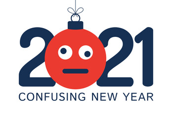 Greeting card for 2021 new year with confused emoji face that hangs on thread like a christmas toy, ball or bauble. New year emotion concept vector illustration