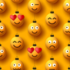 Merry christmas yellow balls with cute face seamless pattern. Emoticons on bubble toys. Vector for decoration holiday xmas tree. Element design Happy New Year sale banner, flyer, poster, background.