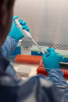 Mixed race scientist pipetting solution into test tubes in lab