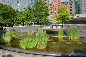 New York, NY, USA - JUNE 21, 2019: Rockefeller Park in Lower Manhattan
