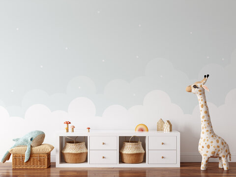 Wall mockup in child room interior. Nursery Interior in scandinavian style. 3d rendering, 3d illustration	