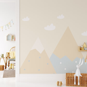 Wall mockup in child room interior. Nursery Interior in scandinavian style. 3d rendering, 3d illustration	
