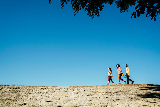 Friends walking under blue sky