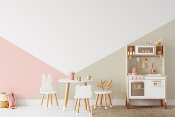 Wall mockup in child room interior. Nursery Interior in scandinavian style. 3d rendering, 3d illustration	