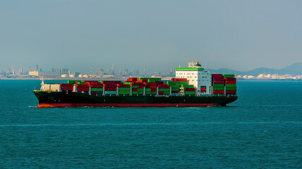 A large container ship off Singapore in summertime