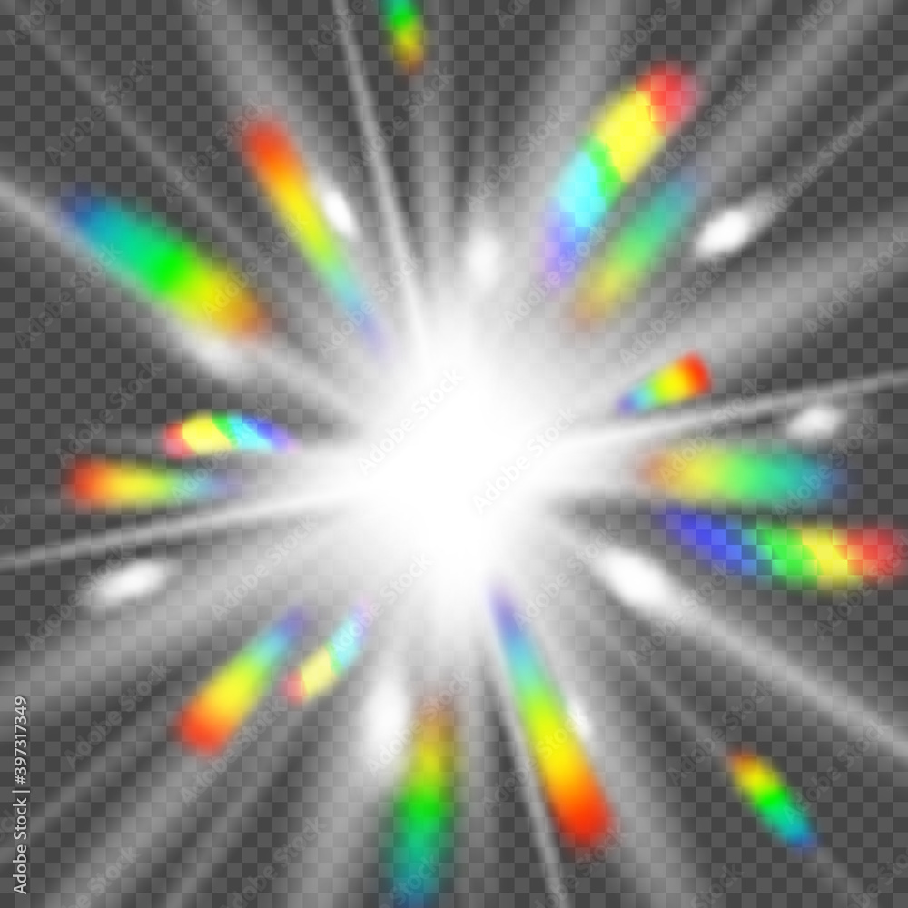 Poster Vector Realistic Transparent Radiance with Bright Rainbow Rays. Radiant Colorful Bokeh Effect. Magical Iridescent Decoration