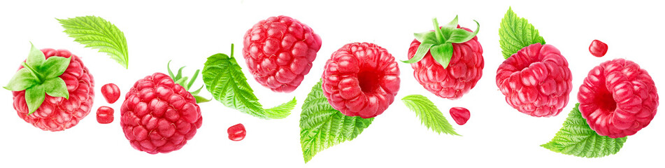 7 flying red raspberries with leaves on a white background