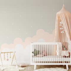 Wall mockup in child room interior. Nursery Interior in scandinavian style. 3d rendering, 3d illustration  © Yuri-U