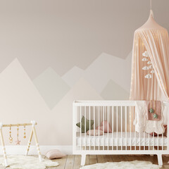 Wall mockup in child room interior. Nursery Interior in scandinavian style. 3d rendering, 3d illustration  © Yuri-U