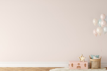 Wall mockup in child room interior. Nursery Interior in scandinavian style. 3d rendering, 3d illustration	