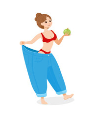 a slender cheerful girl in a bikini holds wide pants jeans and an apple in her hands, losing weight thanks to a diet, exercise and a healthy lifestyle, before and after, isolated on white, eps 10