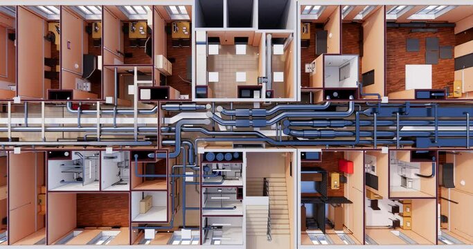 Top view 3D BIM model of the floor plan of a building with utilities 