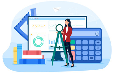 Obraz na płótnie Canvas Math school online service or platform. Learning mathematics, education and knowledge abstract concept. Online math solver. Cartoon flat vector illustration with fictional character