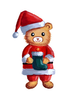 teddy bear santa claus with christmas stocking.